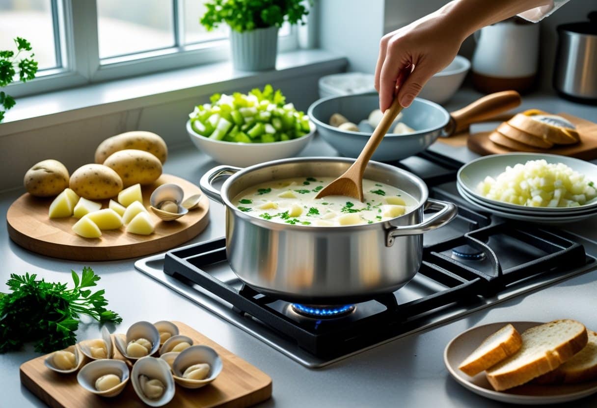 A kitchen scene showing fresh ingredients and a pot of clam chowder being prepared on the stove.