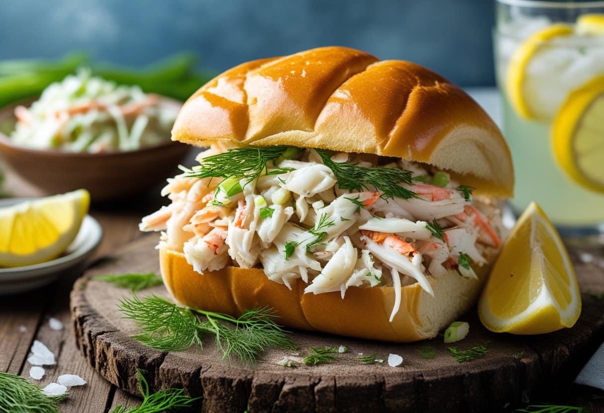 A crab roll sandwich filled with shredded crab meat and herbs on a toasted bun, served with a lemon wedge and coleslaw on a wooden table.