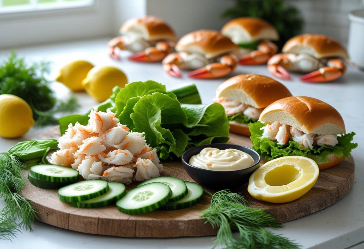 Fresh crab meat, sandwich buns, lettuce, cucumber, avocado, lemon wedges, and sauce arranged on a wooden board with whole crabs in the background.