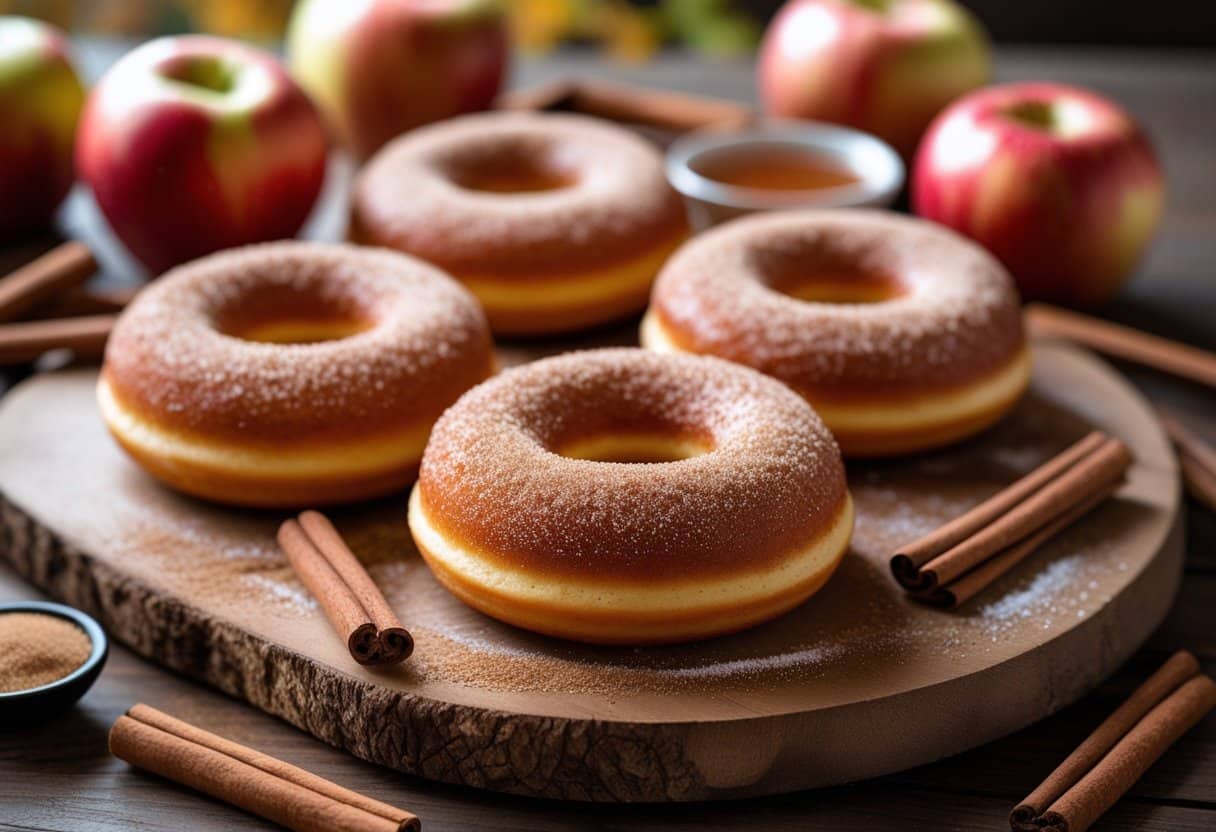 Freshly baked apple cider donuts on a wooden board with apples, cinnamon sticks, and a bowl of apple cider.