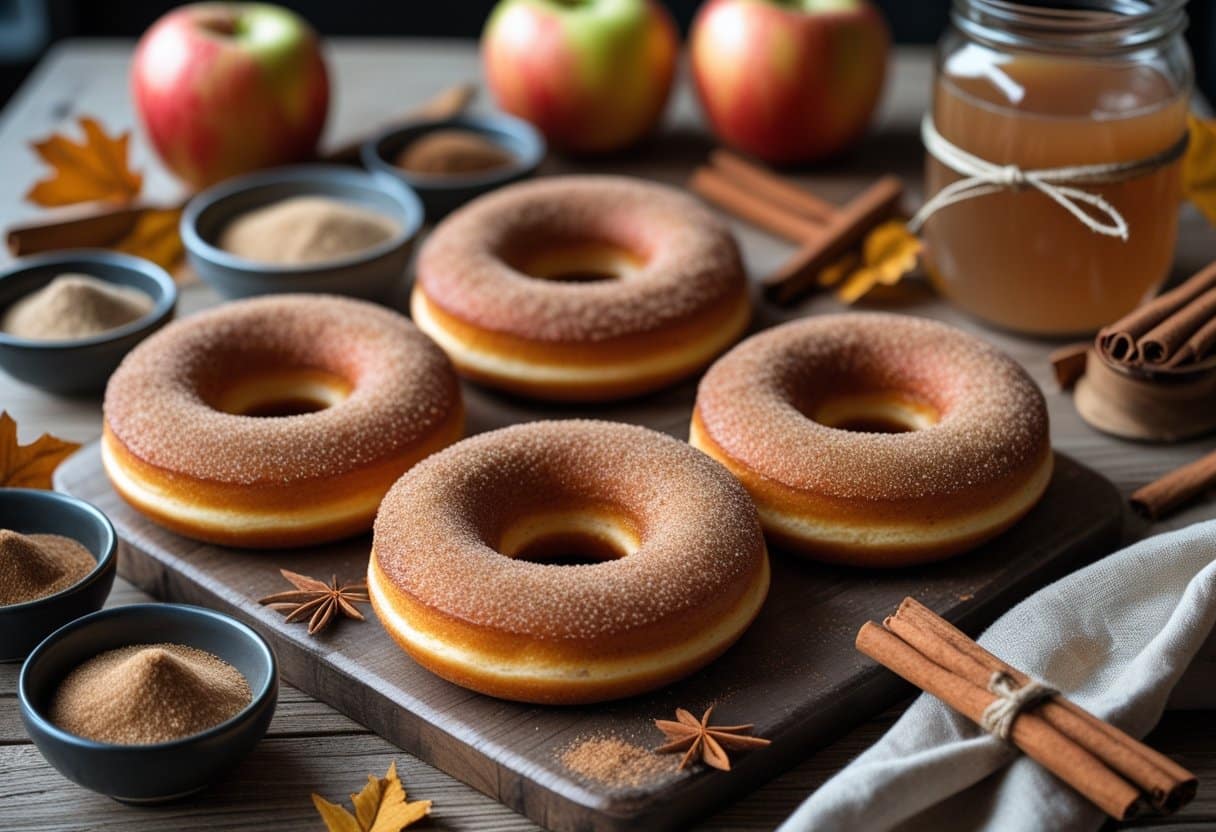 Close-up of freshly made apple cider donuts on a wooden table with bowls of spices, fresh apples, and apple cider nearby.
