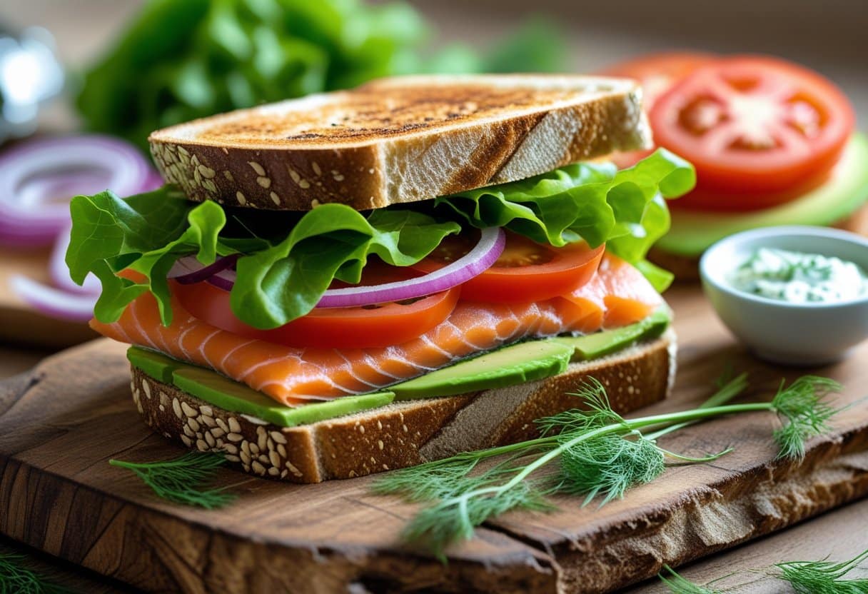 A salmon sandwich with lettuce, tomato, red onion, and avocado on toasted whole grain bread on a wooden board with a small bowl of dill sauce nearby.