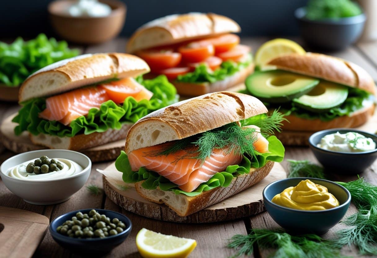 A selection of salmon sandwiches with fresh ingredients arranged on a wooden table with lemon wedges and small bowls of condiments.
