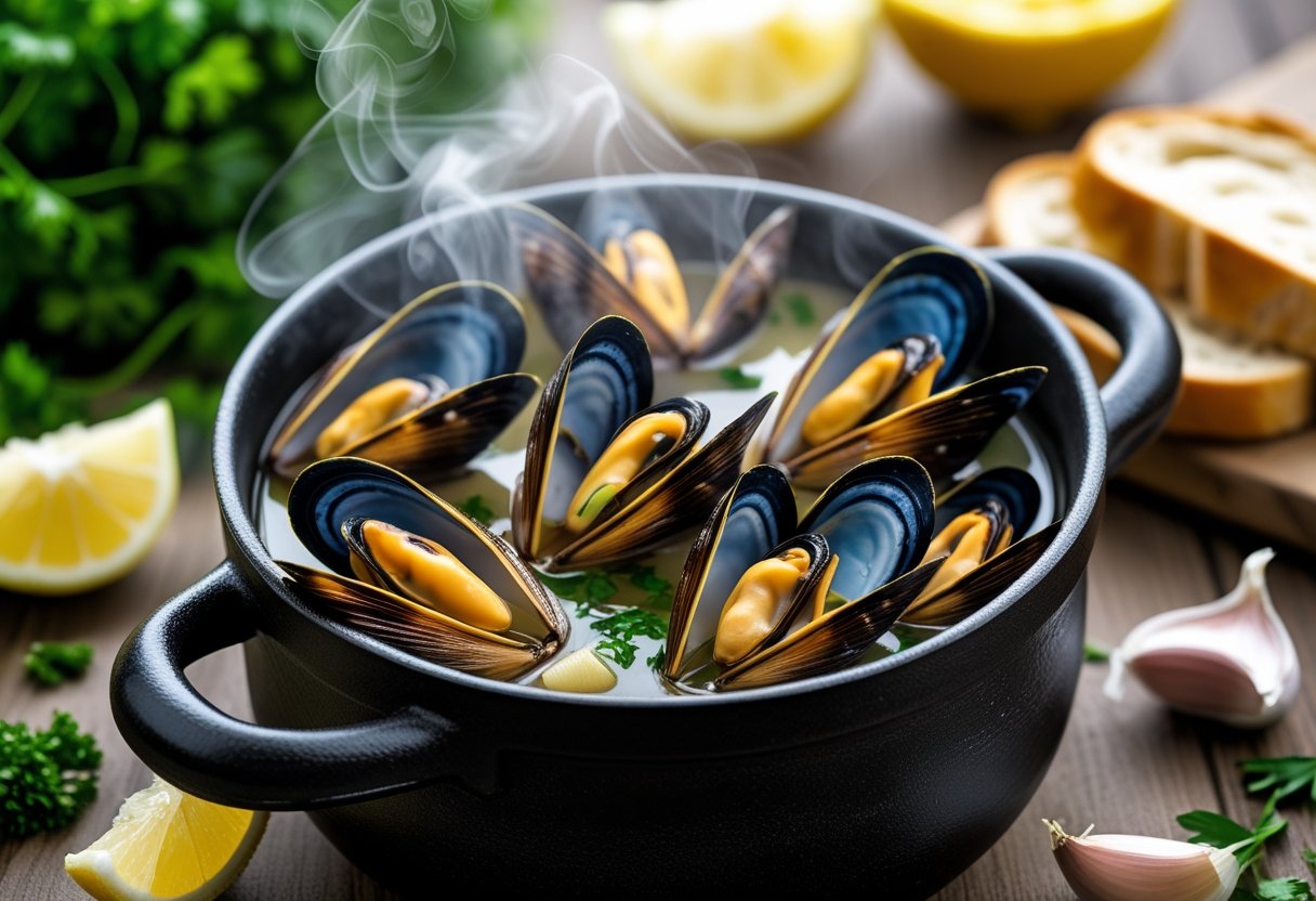 A steaming pot of cooked mussels with lemon wedges, parsley, garlic, and a sliced baguette on a wooden table.