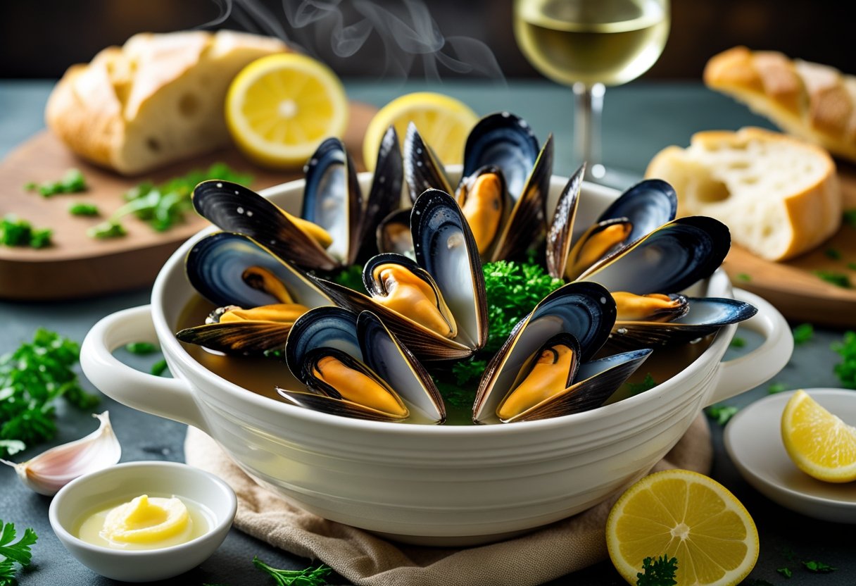 A bowl of steamed mussels with lemon wedges, parsley, garlic, bread, and a glass of white wine on a wooden table.