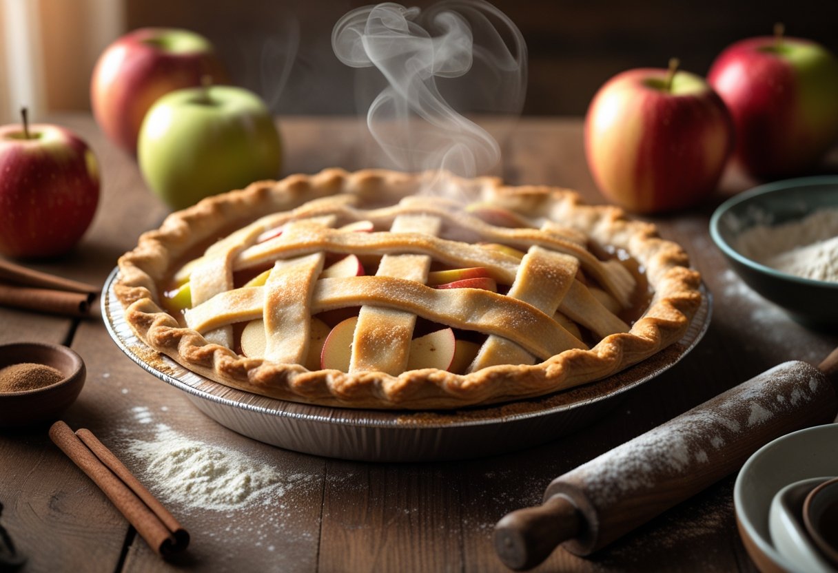 A freshly baked apple pie on a wooden table surrounded by apples, cinnamon sticks, and a rolling pin.