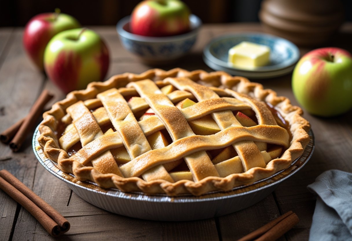 A freshly baked apple pie with a golden lattice crust on a wooden table surrounded by fresh apples and cinnamon sticks.