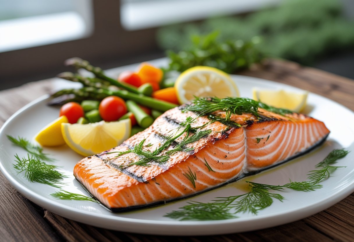 A grilled salmon fillet garnished with fresh herbs and lemon wedges, served with mixed vegetables on a white plate.