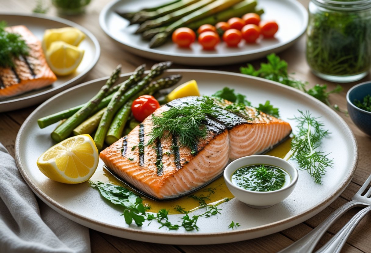 A plated herb grilled salmon fillet garnished with fresh herbs, lemon wedges, and roasted vegetables on a wooden table.
