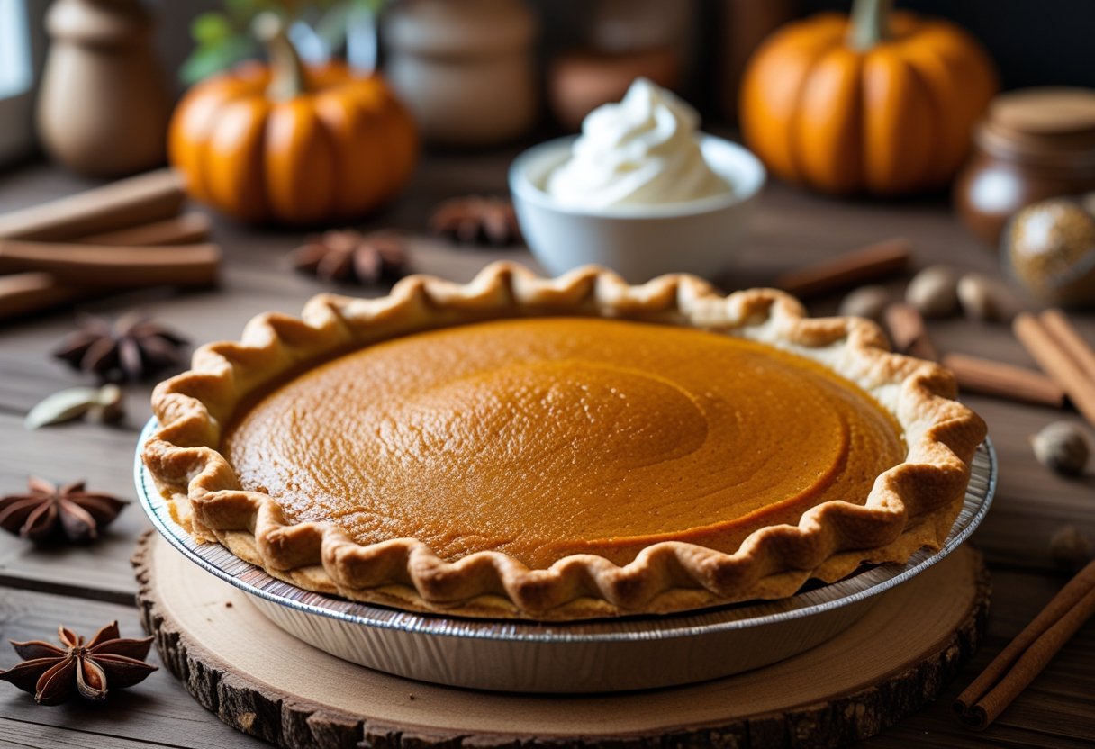 A freshly baked pumpkin pie on a wooden table surrounded by spices and a bowl of whipped cream.