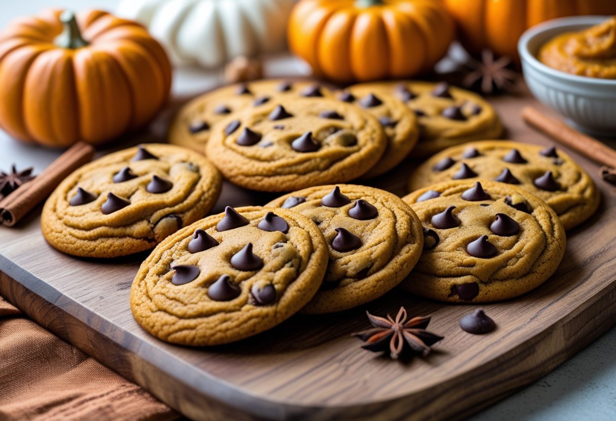 A wooden board holding freshly baked pumpkin chocolate chip cookies surrounded by small pumpkins, cinnamon sticks, and a bowl of pumpkin puree on a kitchen counter.