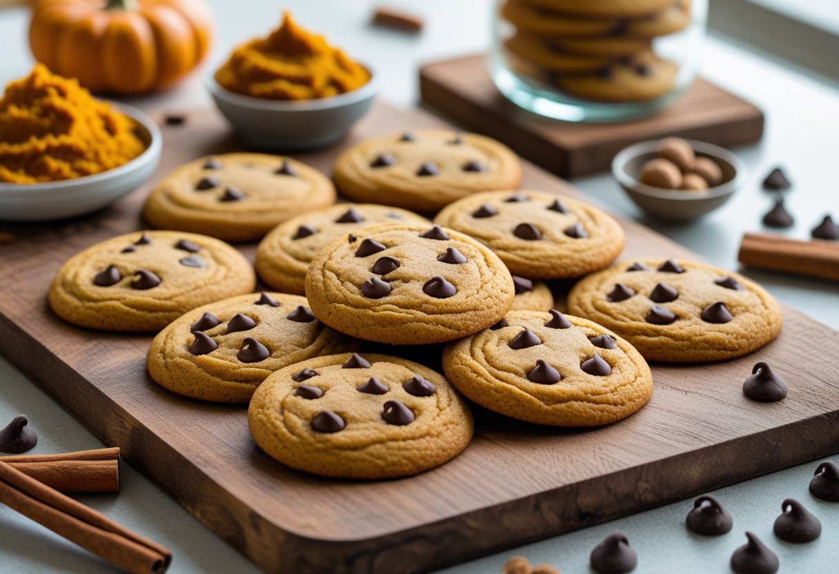 Freshly baked pumpkin chocolate chip cookies on a wooden board with baking ingredients and a jar of cookies in the background.