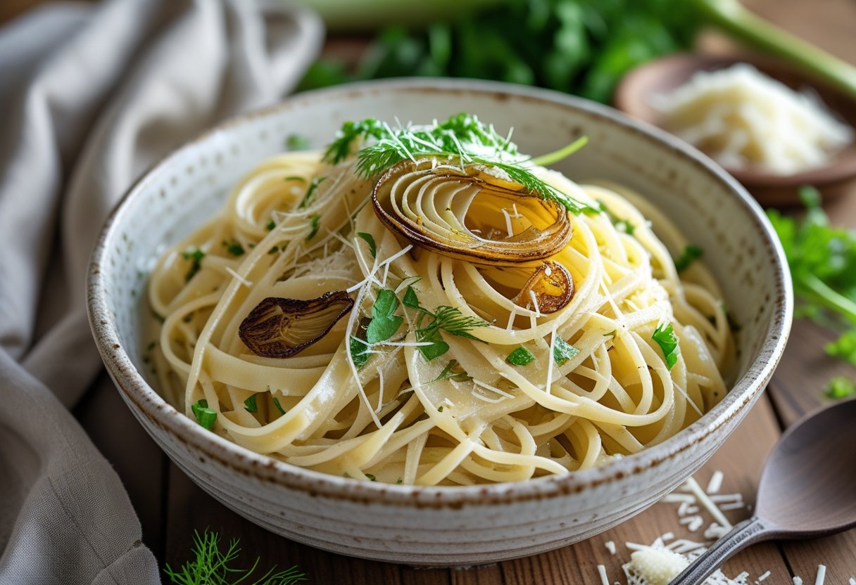 A bowl of creamy melted fennel pasta garnished with fresh herbs on a wooden table.