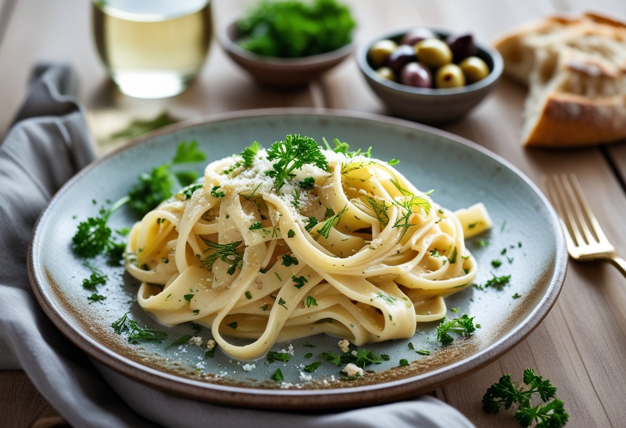 A plate of melted fennel pasta garnished with herbs, accompanied by a glass of white wine, olives, and bread on a wooden table.