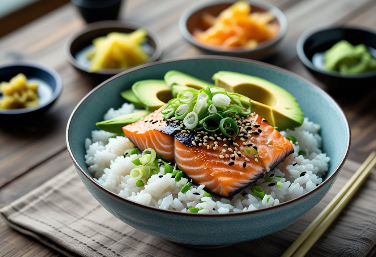 A bowl of grilled salmon served over white rice with green onions, avocado, and sesame seeds on a wooden table.