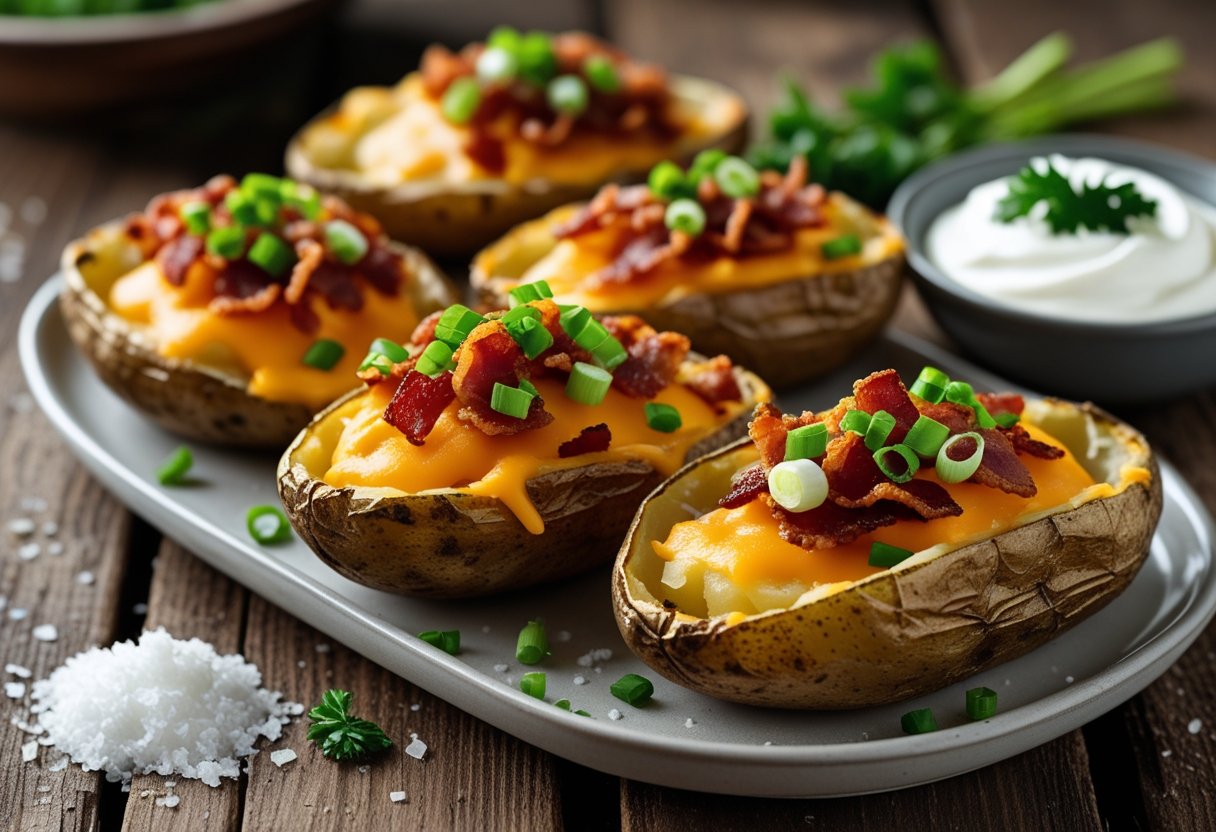 Plate of loaded potato skins topped with melted cheese, bacon bits, and green onions with a bowl of sour cream on the side.