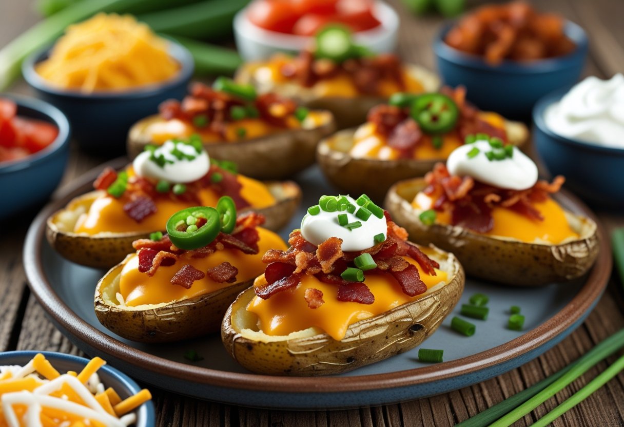 Plate of loaded potato skins topped with cheese, bacon, green onions, and sour cream on a wooden table with small bowls of extra toppings nearby.