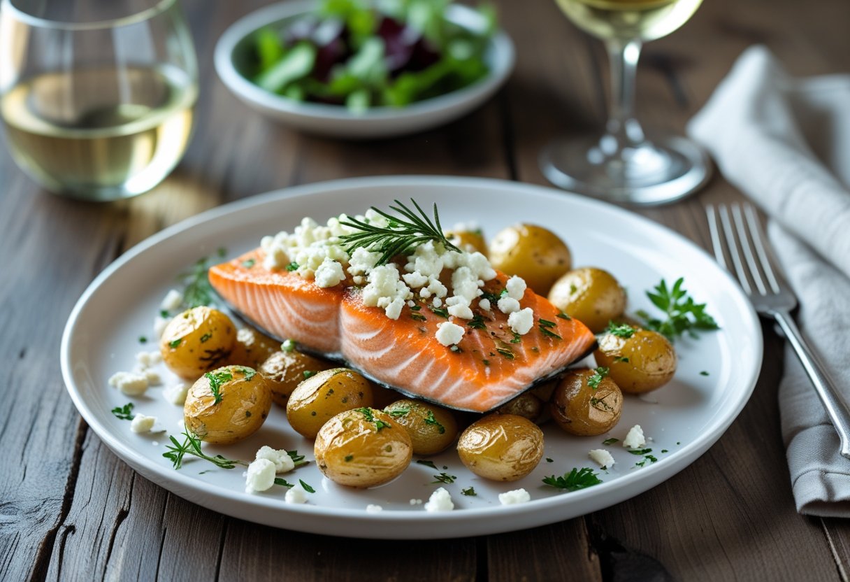 A plate with cooked salmon topped with feta cheese and roasted baby potatoes garnished with herbs on a wooden table.