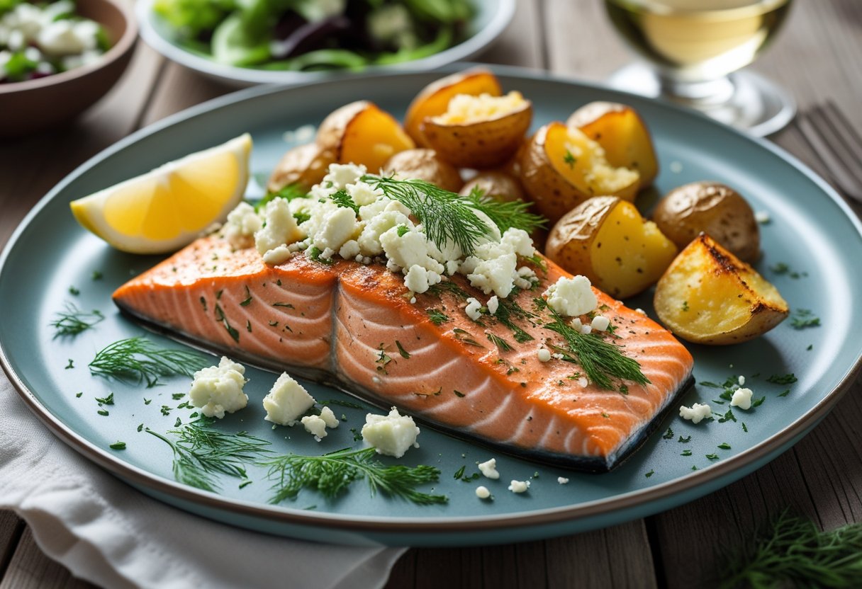 A plate with cooked salmon topped with feta cheese, roasted potatoes, lemon wedges, and fresh herbs on a wooden table.