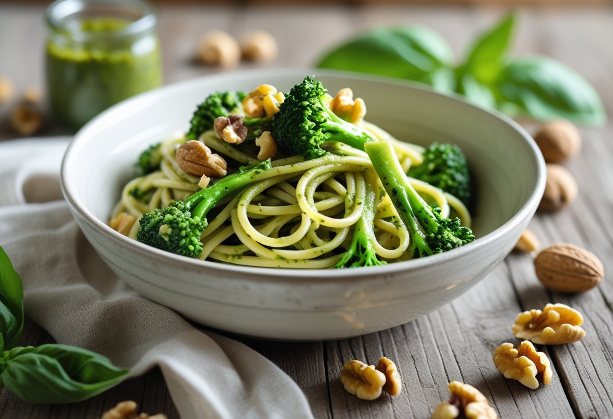 A bowl of pasta with broccolini and walnut pesto on a wooden table, garnished with walnuts and basil leaves.