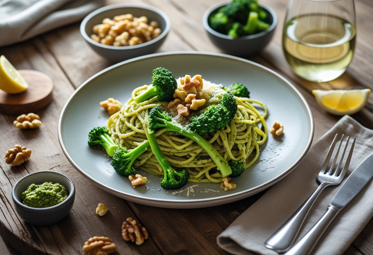 A plate of broccolini and walnut pesto pasta garnished with walnuts, served on a wooden table with bowls of pesto and lemon wedges nearby.