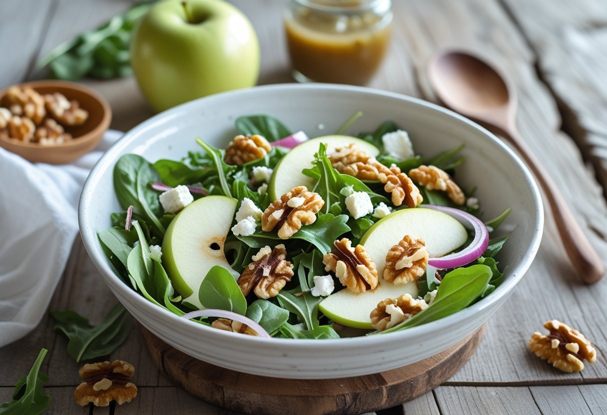 A bowl of fresh apple walnut salad with leafy greens, apple slices, walnuts, cheese, and red onions on a wooden table.