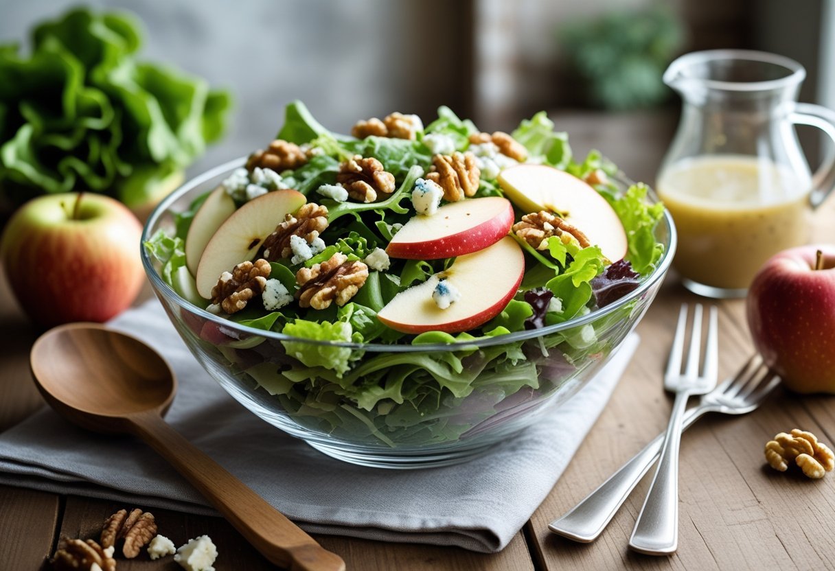 A bowl of fresh apple walnut salad with lettuce, apple slices, walnuts, and cheese on a wooden table with a small pitcher of dressing nearby.