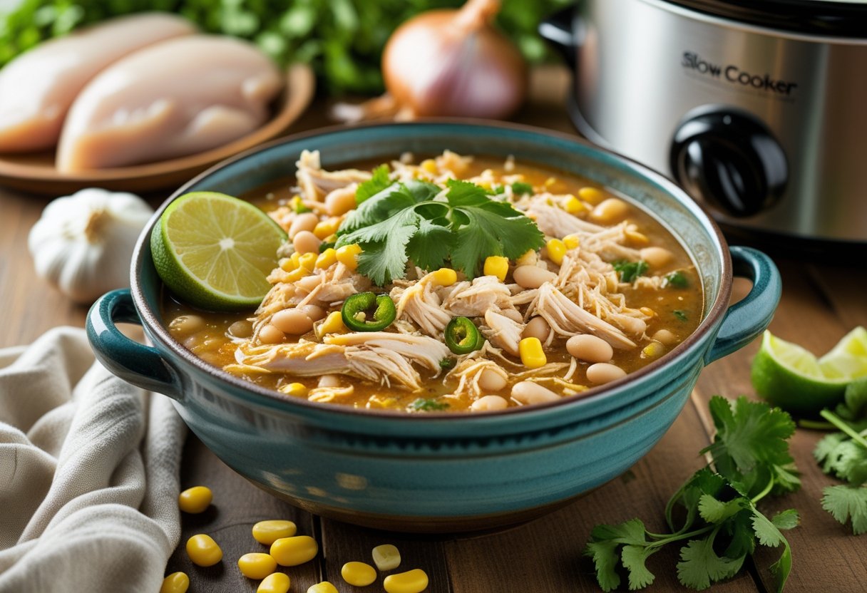 A bowl of white chicken chili with beans and corn on a wooden table, with fresh ingredients and a slow cooker in the background.