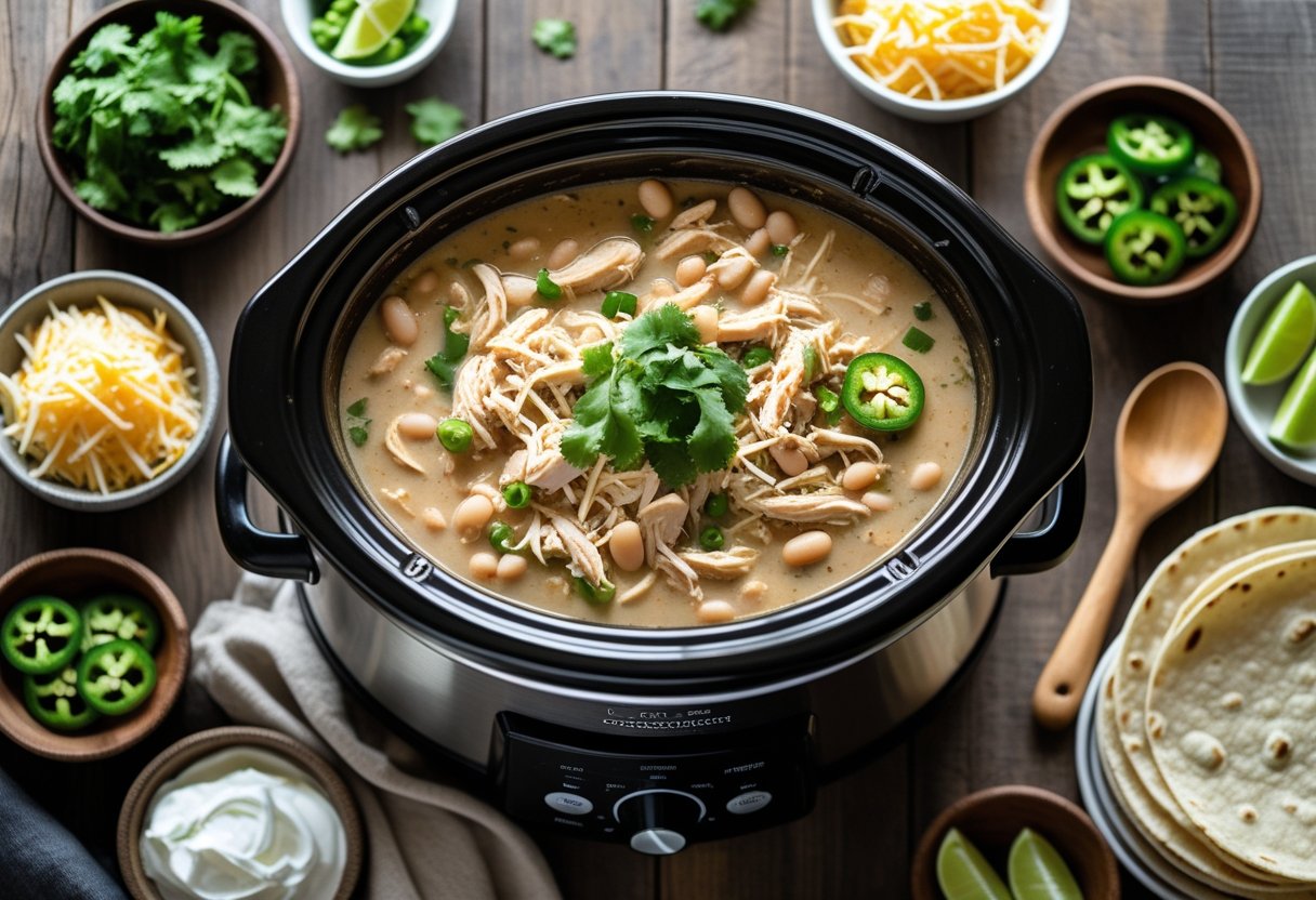 Slow cooker filled with white chicken chili on a wooden countertop, surrounded by bowls of garnishes and corn tortillas.