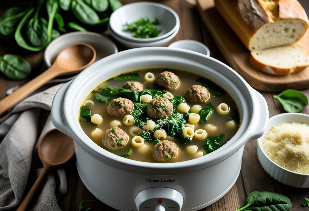 A slow cooker filled with Italian Wedding Soup surrounded by a bowl of soup, fresh spinach, grated cheese, and sliced bread on a wooden countertop.
