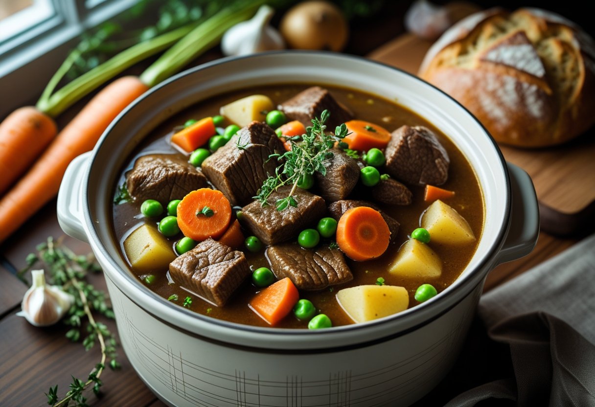 A slow cooker filled with old-fashioned beef stew containing beef chunks, carrots, potatoes, and peas on a wooden countertop with fresh ingredients nearby.