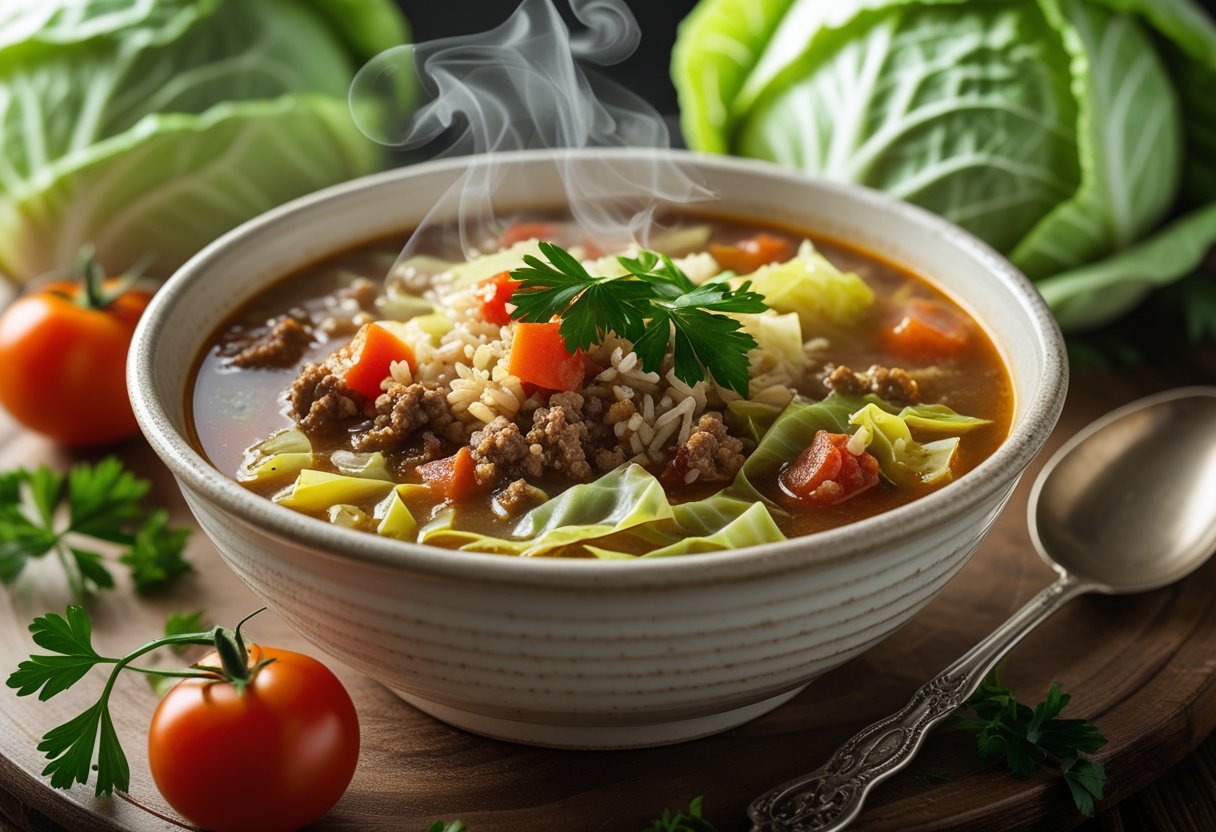A bowl of cabbage roll soup with cabbage, ground beef, rice, and tomatoes on a wooden table with fresh ingredients and a spoon nearby.