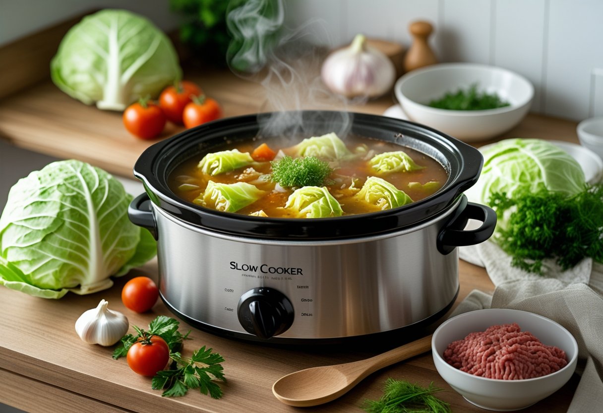 A slow cooker filled with cabbage roll soup surrounded by fresh ingredients on a kitchen countertop.