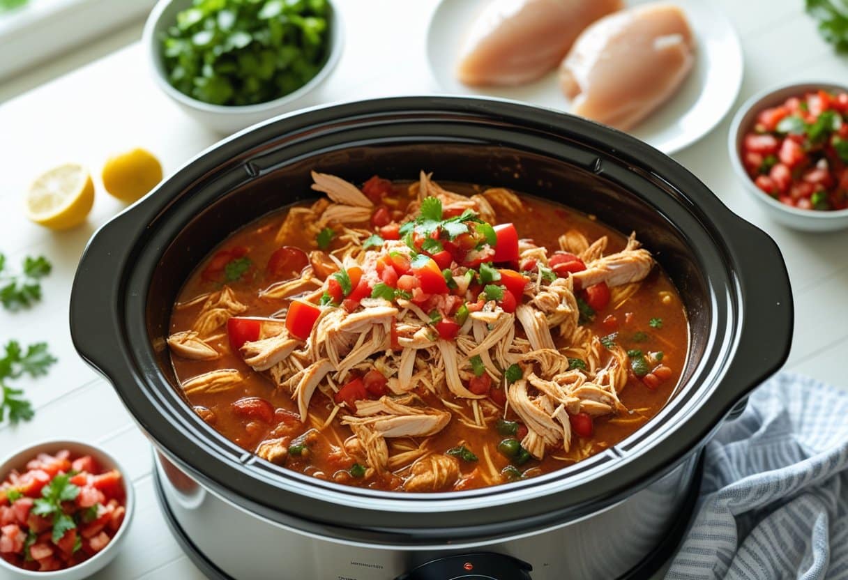 Slow cooker filled with shredded salsa chicken surrounded by fresh salsa, raw chicken breasts, and seasoning on a kitchen countertop.