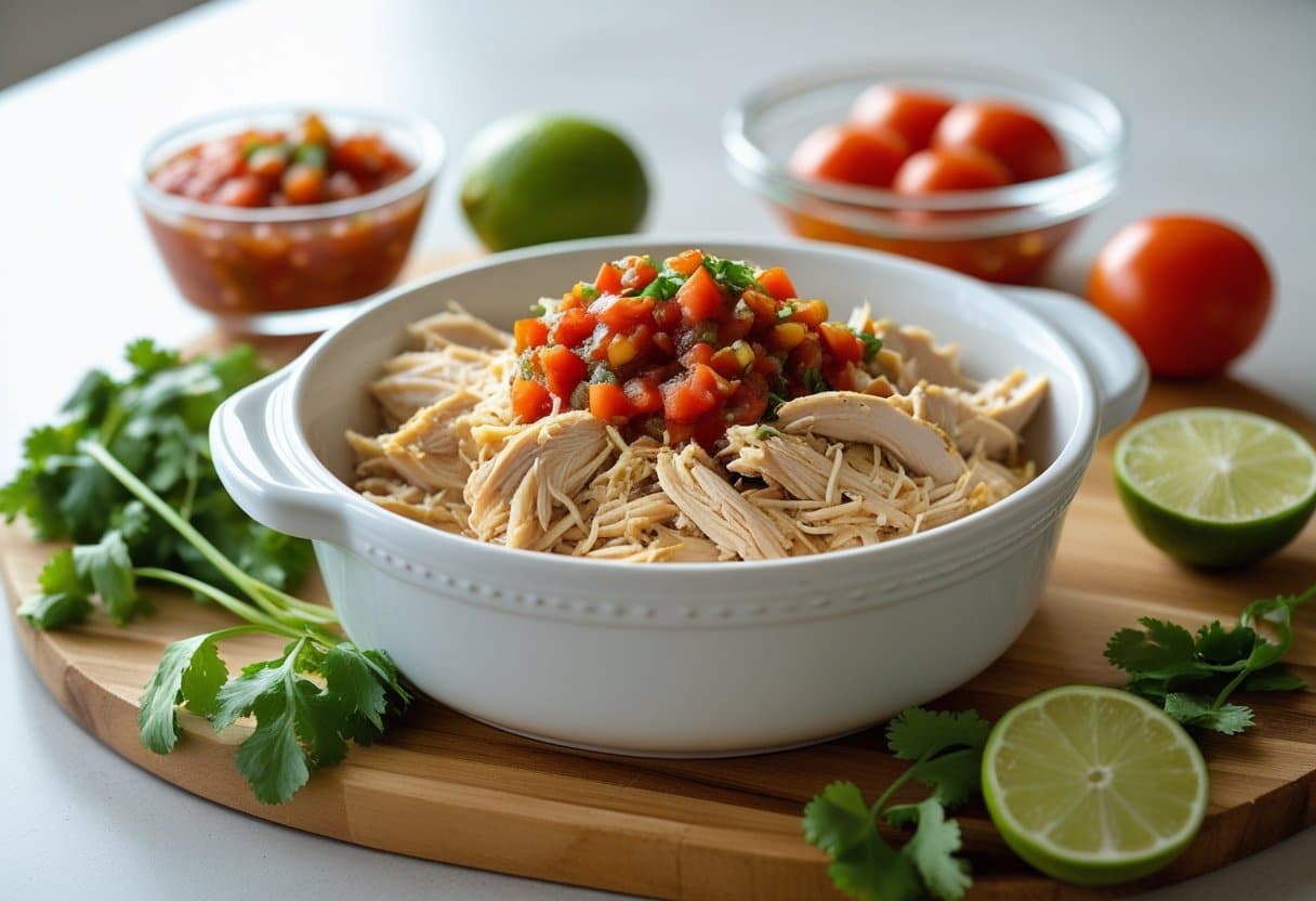 Bowl of shredded chicken mixed with salsa surrounded by fresh tomatoes, lime, and cilantro on a wooden countertop.