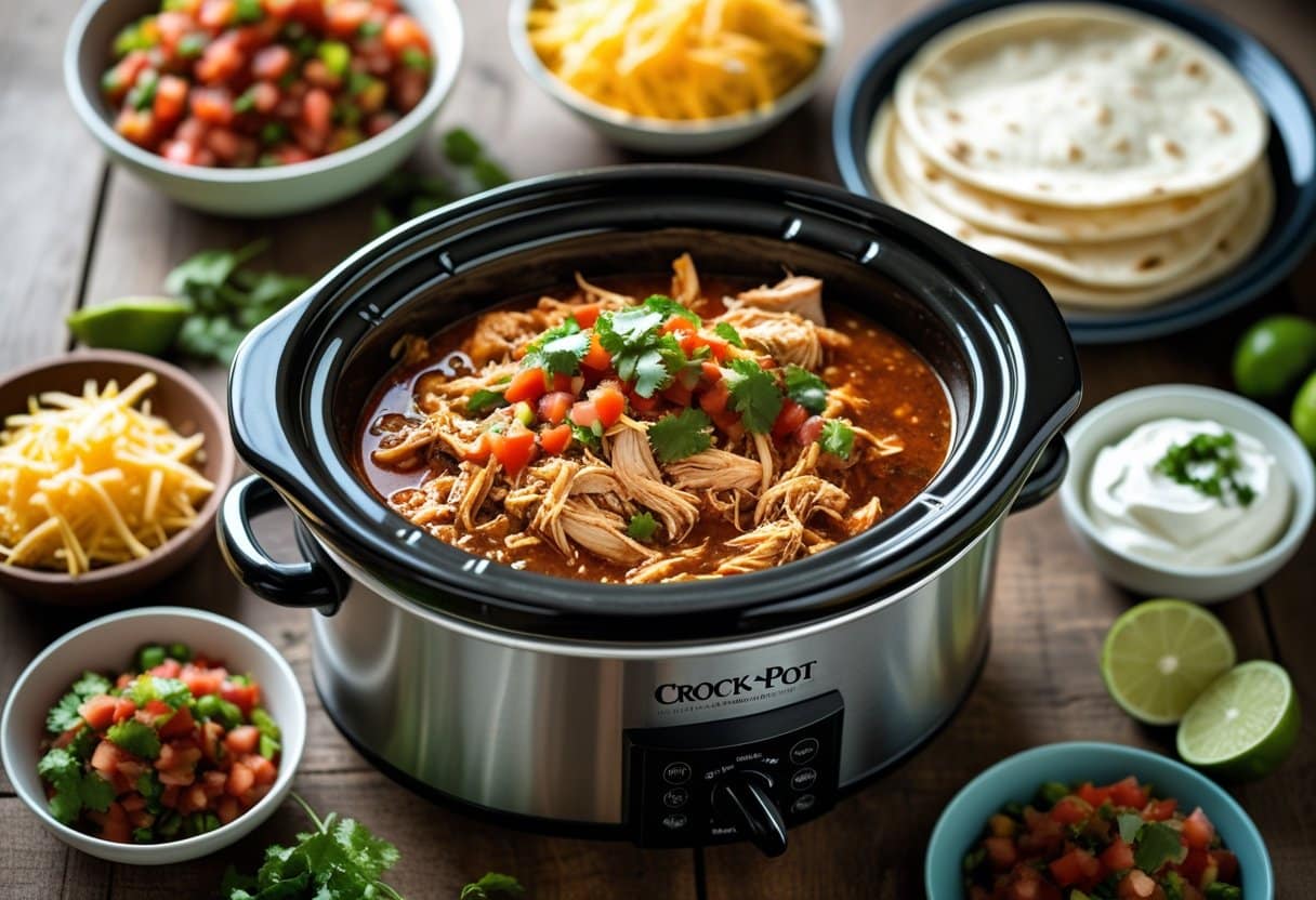 A slow cooker filled with salsa chicken surrounded by tortillas, shredded cheese, cilantro, lime wedges, and sour cream on a wooden table.