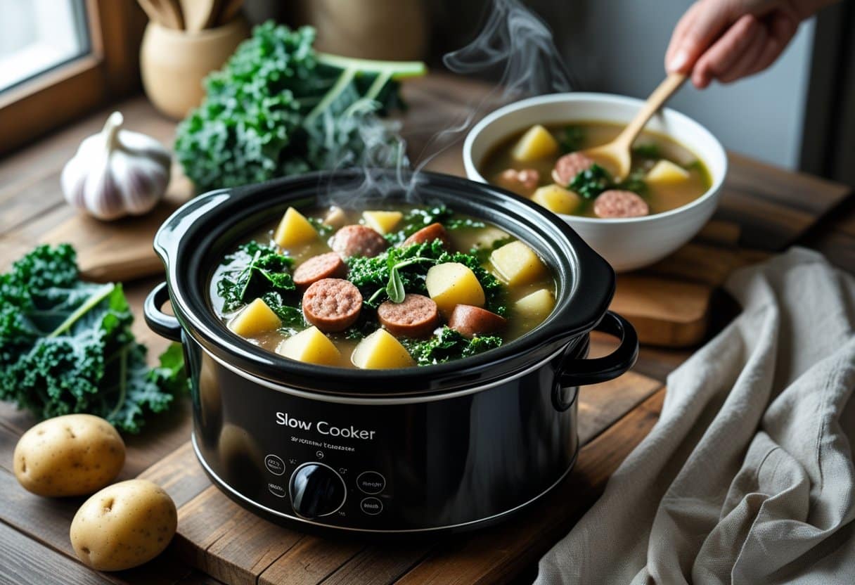 A slow cooker with Zuppa Toscana soup and fresh ingredients on a wooden countertop, with a bowl being filled with the soup.