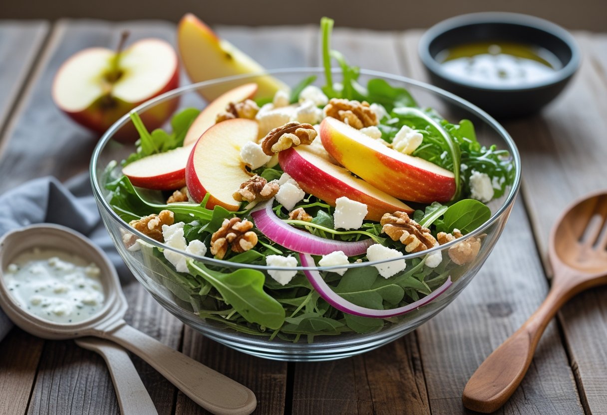 A bowl of Honeycrisp apple and feta salad with mixed greens, walnuts, and red onions on a wooden table.