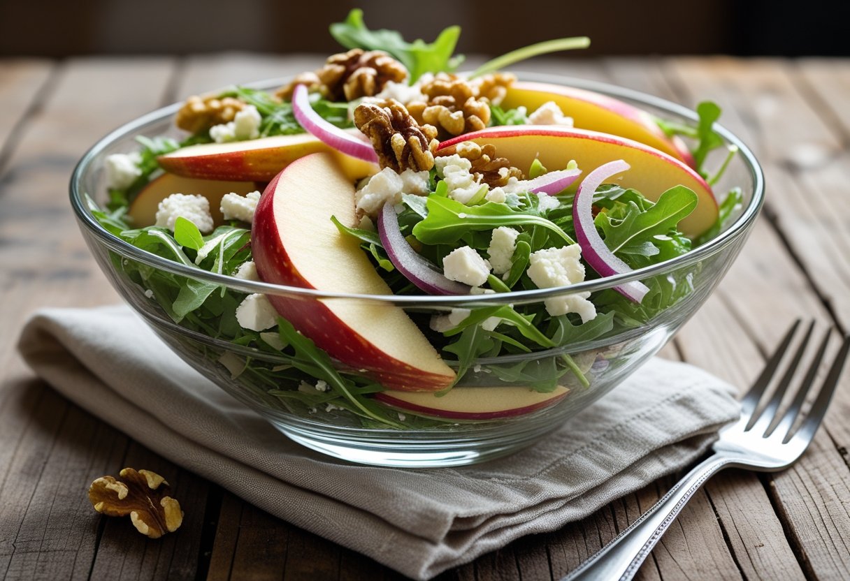 A bowl of Honeycrisp apple and feta salad with apple slices, feta cheese, arugula, walnuts, and red onions on a wooden table.