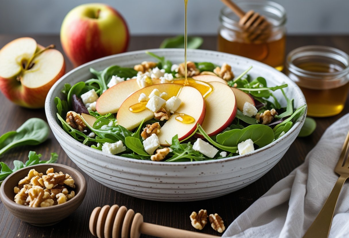 A bowl of Honeycrisp apple and feta salad with mixed greens, walnuts, and honey dressing on a wooden table, surrounded by fresh apples and ingredients.