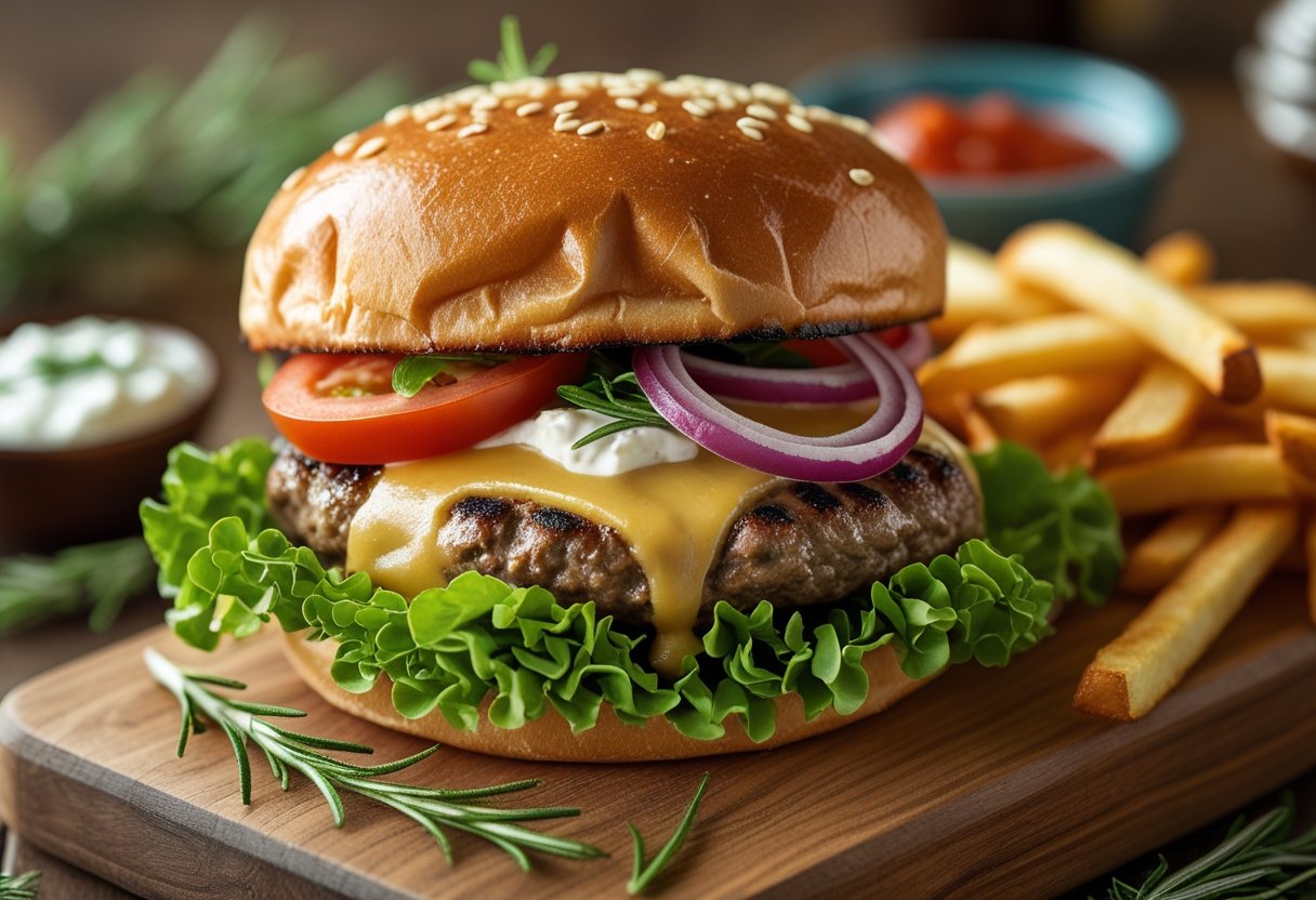 A lamb burger with lettuce, tomato, onion, cheese, and sauce on a toasted bun, served with fries and fresh herbs on a wooden board.