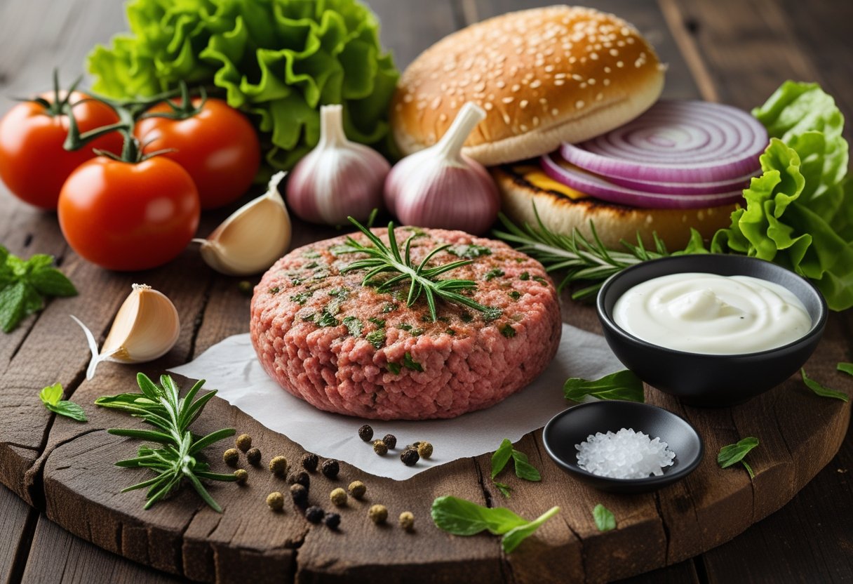 Fresh ingredients for a lamb burger including a raw seasoned lamb patty, tomatoes, lettuce, red onions, garlic, rosemary, peppercorns, salt, yogurt sauce, and burger buns arranged on a wooden surface.