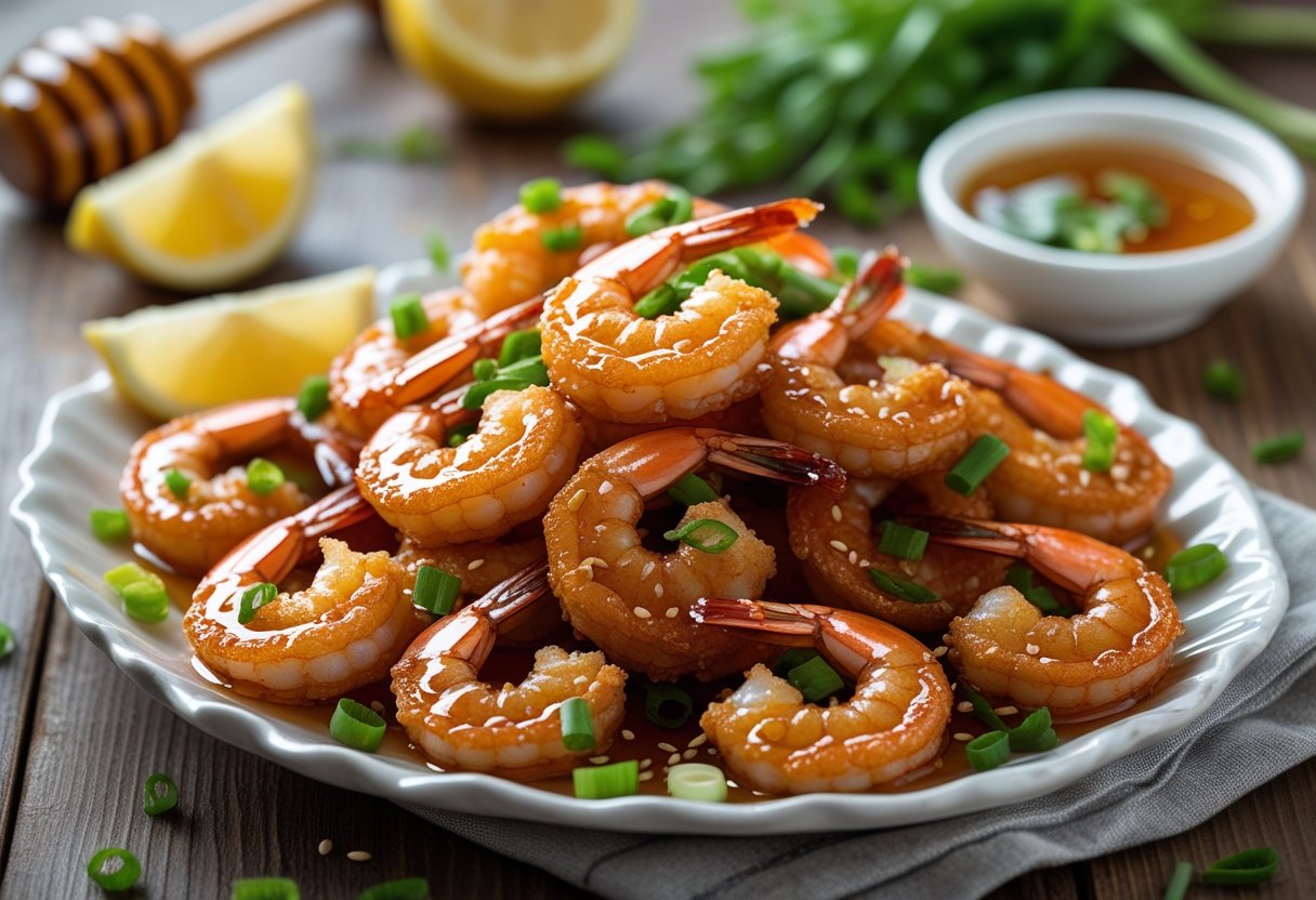 A plate of crispy honey shrimp glazed with a sticky honey sauce, garnished with green onions and sesame seeds, on a wooden table with fresh ingredients in the background.