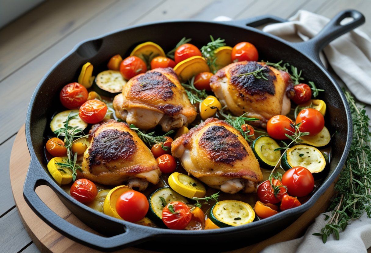 A skillet with roasted chicken thighs and colorful summer vegetables including tomatoes, zucchini, and bell peppers.