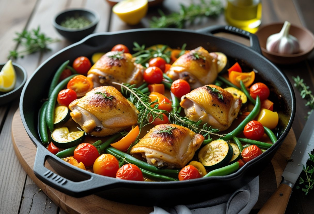 A skillet with roasted chicken thighs and colorful summer vegetables on a wooden table.