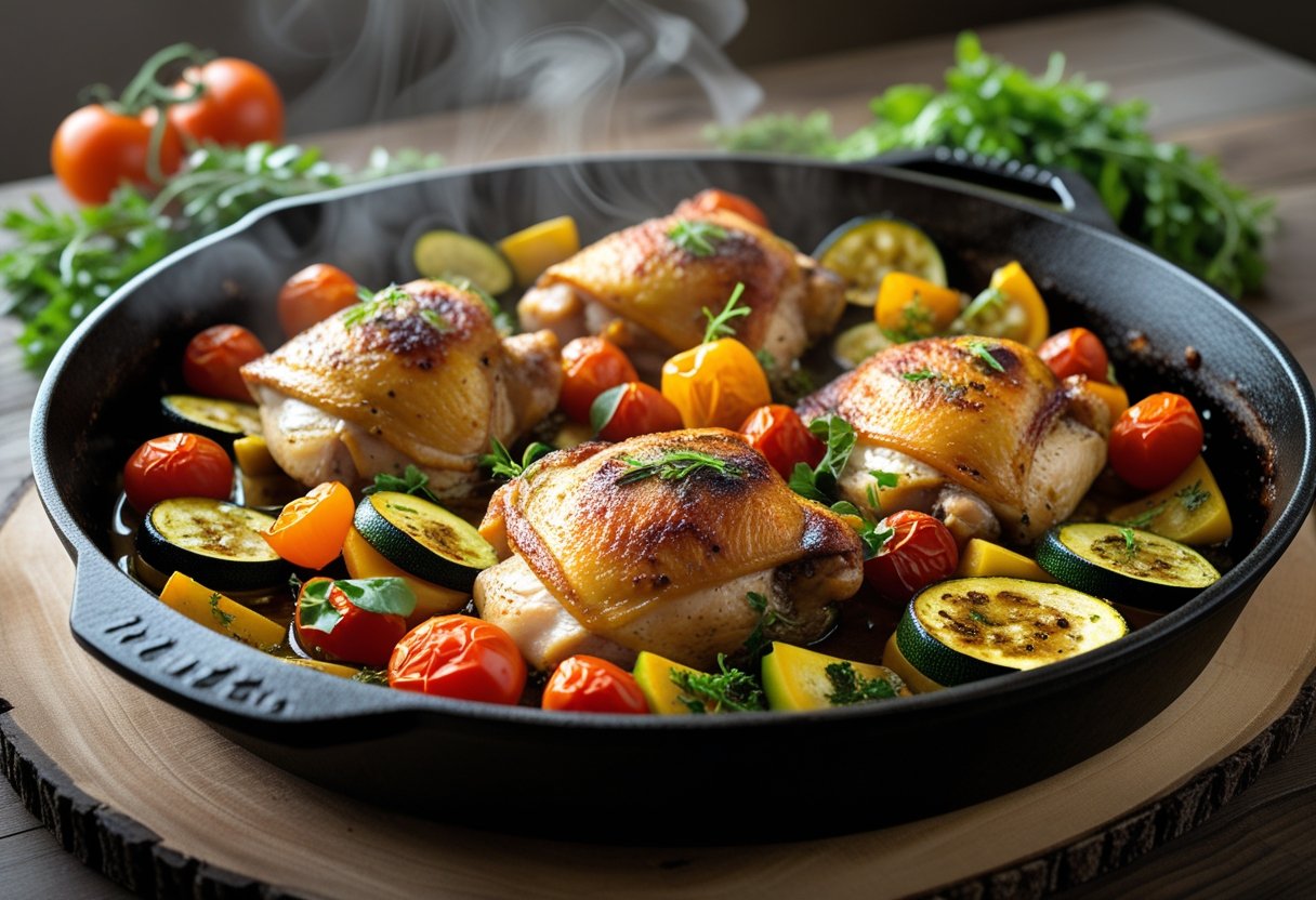 A skillet with roasted chicken thighs and colorful summer vegetables on a wooden table.