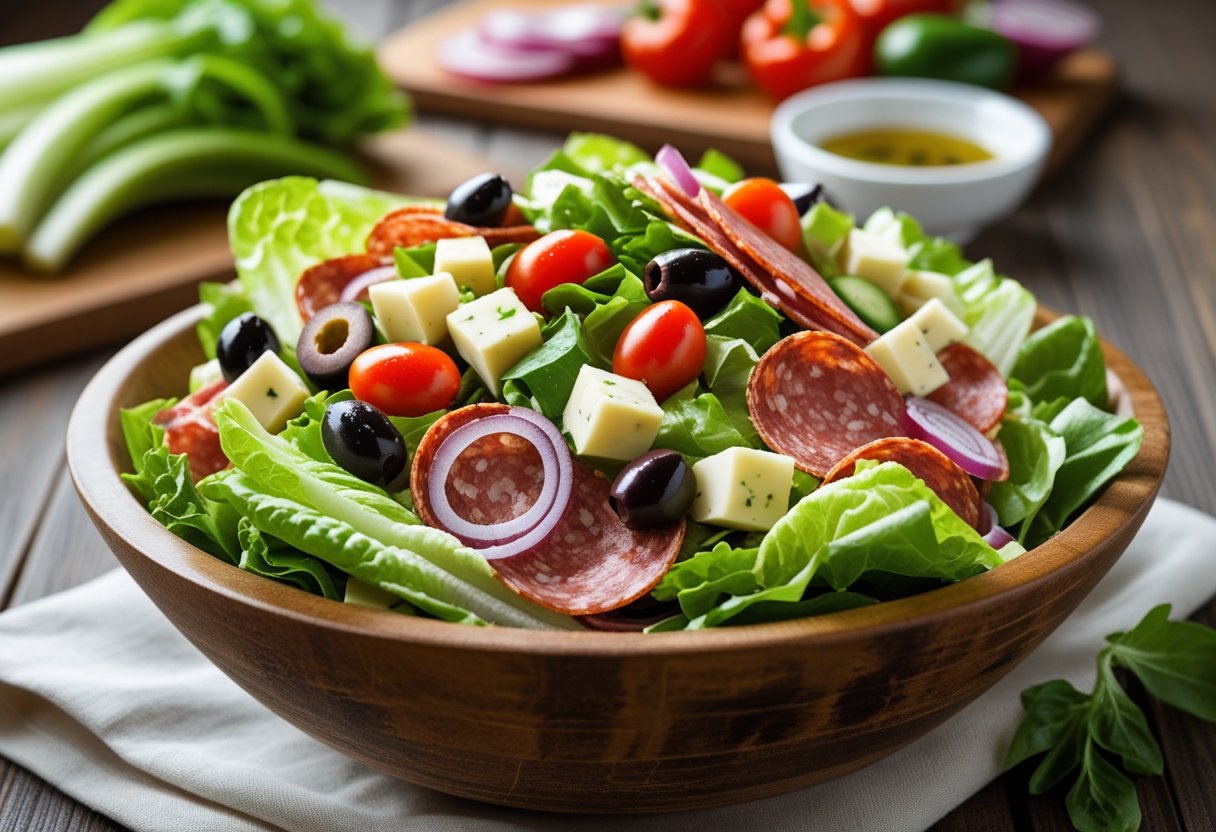 A bowl of freshly made Italian Grinder Salad with lettuce, salami, pepperoni, cheese, tomatoes, olives, onions, and peppers on a wooden table.