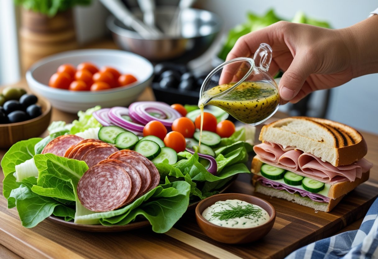 A kitchen countertop with fresh ingredients for an Italian grinder salad, a hand pouring dressing over the salad, and a sliced Italian grinder sandwich on a cutting board.