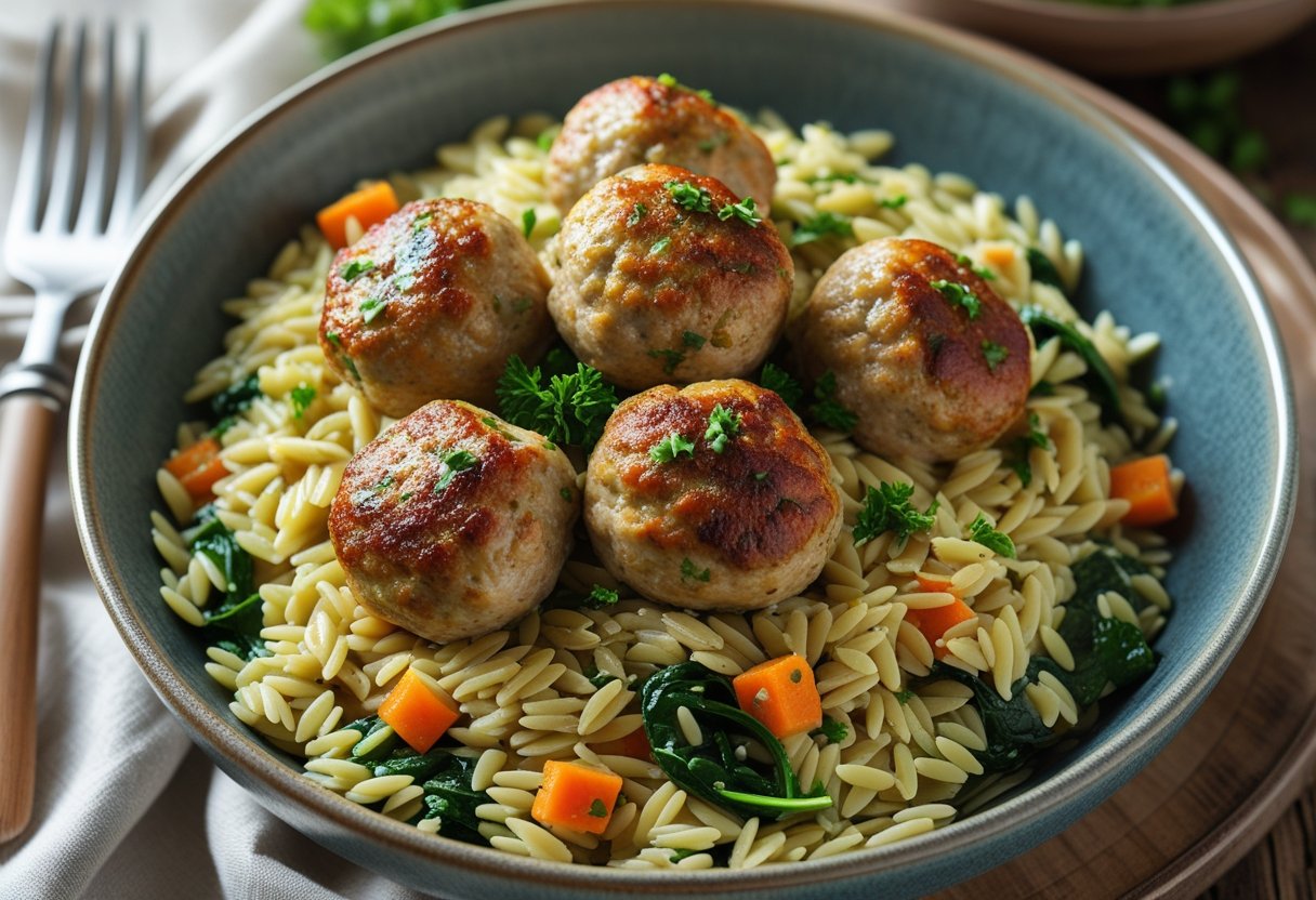 A bowl of chicken meatballs served over orzo pasta with chopped parsley on a wooden table.
