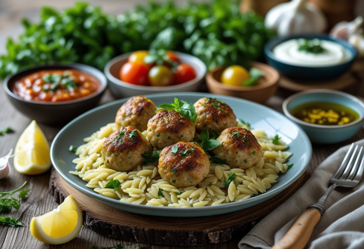 A plate of chicken meatballs served over orzo pasta with fresh herbs, lemon wedge, and small bowls of sauce and salad on a wooden table.